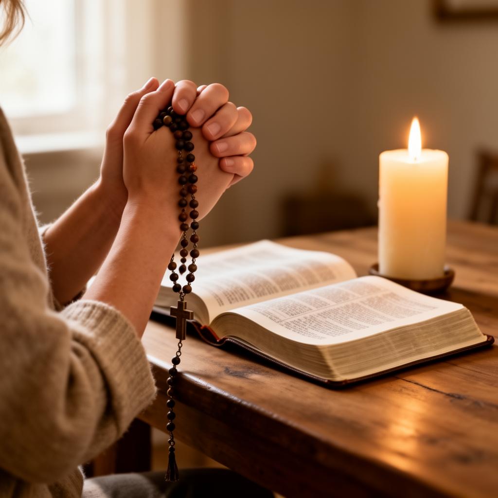 Pessoa rezando o terço com a Bíblia aberta e uma vela ao lado